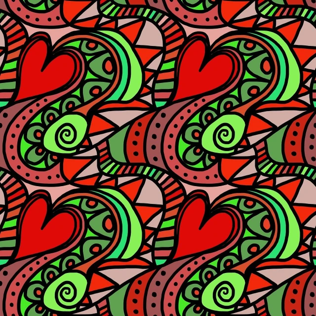 a pattern of red and green hearts on a pink background, a digital rendering, inspired by Juan de Valdés Leal, tumblr, art nouveau, coloring book page, tribal red atmosphere, high definition screenshot, slightly abstract