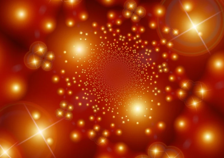 a red background with glowing circles and stars, inspired by Benoit B. Mandelbrot, gold ethereal light, crystal particles, no gradients, warm volumetric lights