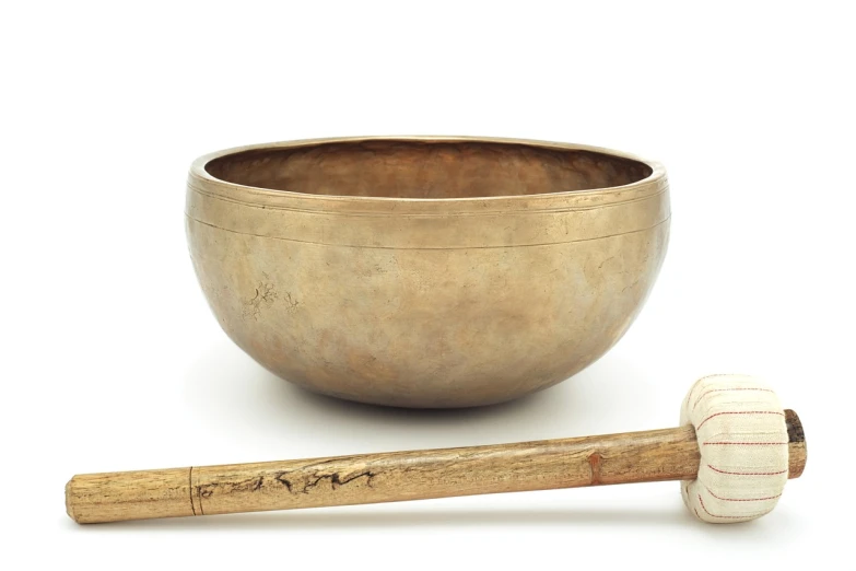 a metal bowl with a wooden mallet next to it, by Jan Kupecký, gong, samsara, h 7 0 4, top