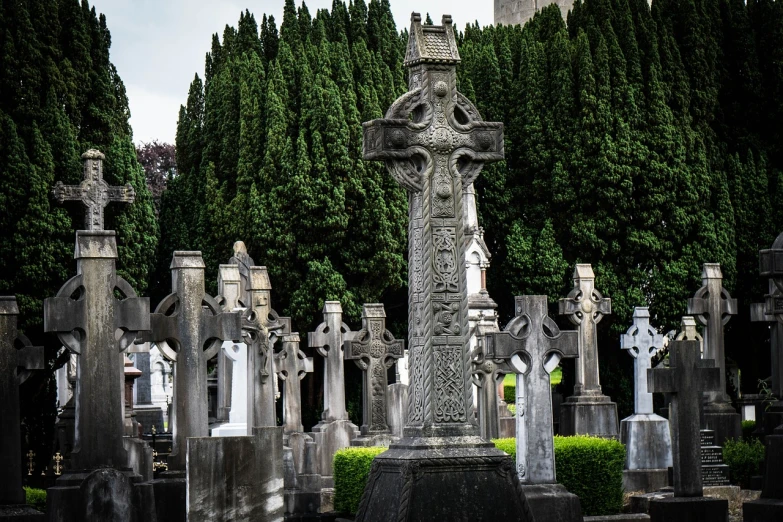 a cemetery with a cross in the middle of it, inspired by Eamon Everall, the munster in the background, well preserved, elaborate, souls of the dead