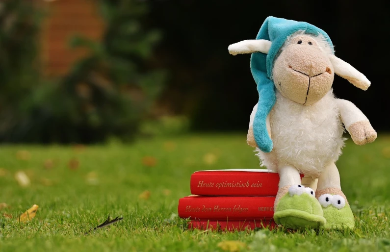 a stuffed sheep sitting on top of a stack of books, a picture, by Dietmar Damerau, pixabay, sitting in the garden, toy commercial photo, productphoto, istock