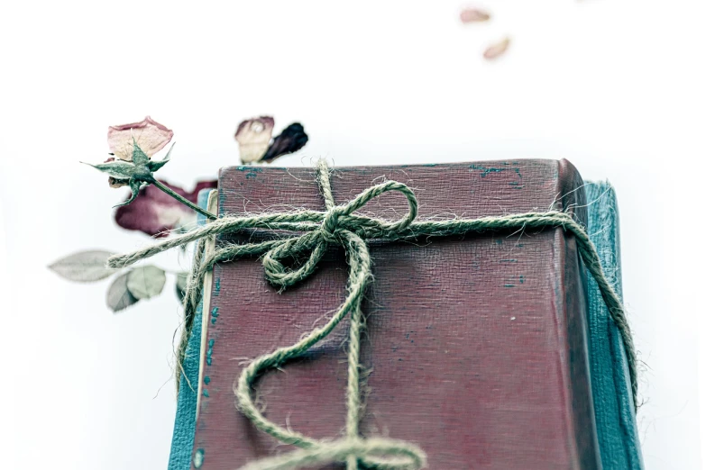 a book tied up with twine and a rose, romanticism, made of colorful dried flowers, detail shot, highly detailed product photo