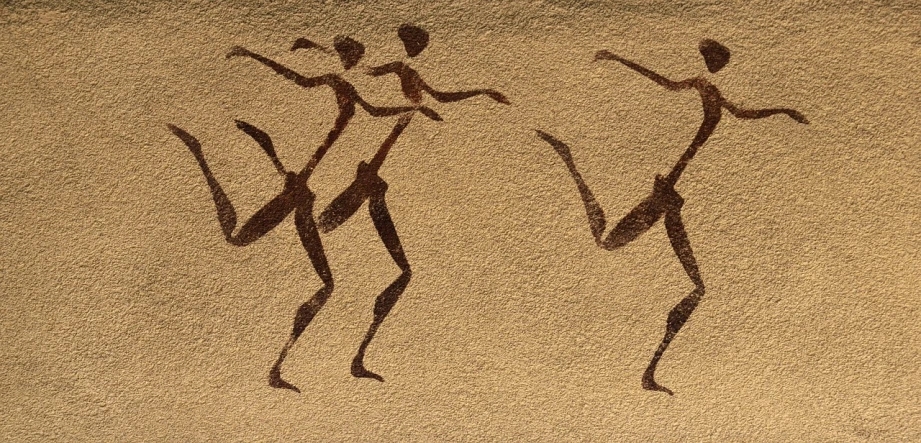 a couple of people standing next to each other on a wall, a cave painting, inspired by Henri Michaux, trending on pixabay, tribal dance, running in savana, hd —h 1024, morning detail