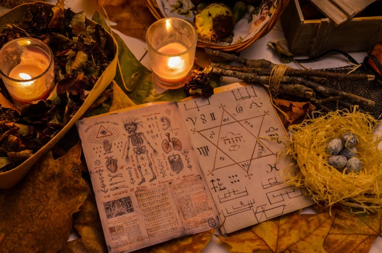 an open book sitting on top of a table, tumblr, vanitas, druidic runes, found schematic in a notebook, autumn season, high detailed + tarot card