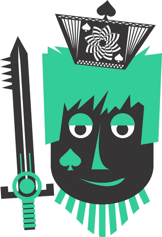 a stylized image of a man with a crown on his head, inspired by Tim Biskup, deviantart contest winner, vanitas, green and black color scheme, cardistry, smirking, knife