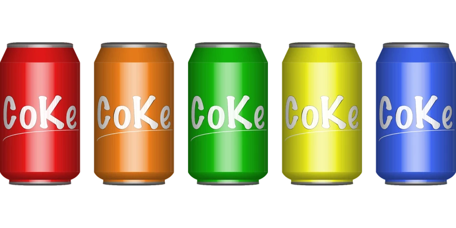 a group of soda cans sitting next to each other, a digital rendering, inspired by Dorothy Coke, pixabay, pop art, in front of a black background, three colors, coka-cola advertisement, orange colors