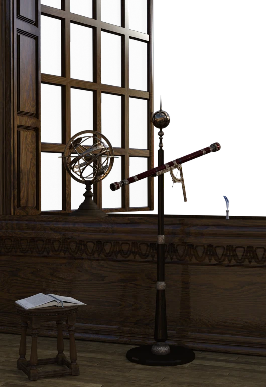 a clock sitting on top of a wooden floor next to a table, inspired by Matthias Stom, polycount contest winner, vanitas, telescope, in a courtroom, scepter, random volumetric lighting