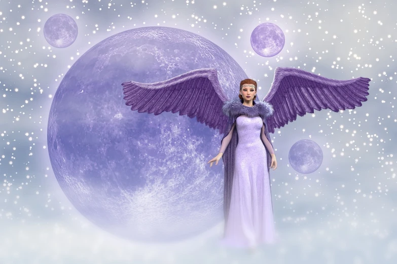 an angel standing in front of a full moon, digital art, violet planet, full length shot, queen of winter, themed on the stars and moon