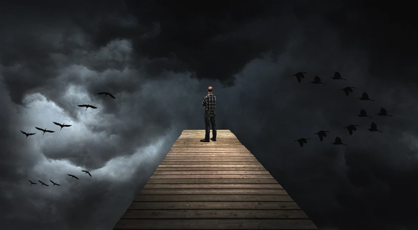 a man standing on a dock in front of a flock of birds, inspired by Storm Thorgerson, pexels, surrealism, below only cloud dark void, looking sad, who is looking up at it in fear, mattepainting