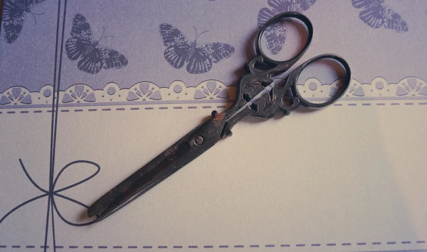 a pair of scissors sitting on top of a table, by Anna Findlay, flickr, art nouveau, steampunk butterfly, insisted on cutting in line, desaturated!!, lavender