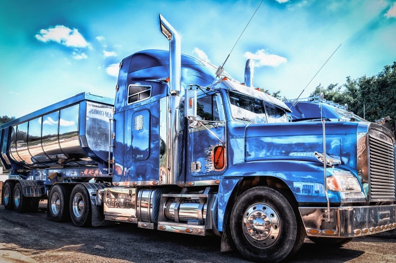 a blue semi truck parked on the side of the road, by Brad Holland, flickr, photorealism, gleaming silver and rich colors, hdr refractions, metal chrome, wide body