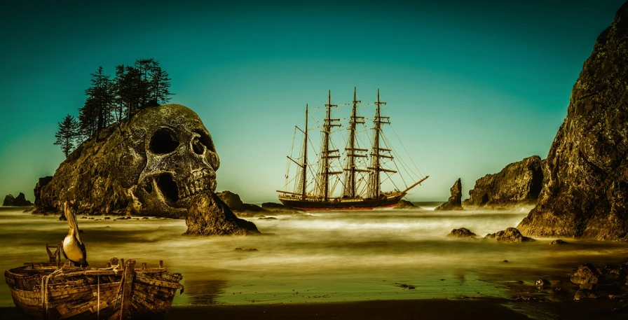 a boat sitting on top of a sandy beach, a matte painting, by Wayne England, pixabay contest winner, romanticism, skull head, haida gwaii, sailing ships, portrait of dangerous