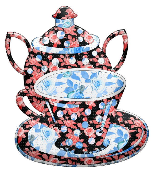 a tea pot sitting on top of a plate, a digital rendering, by Jeka Kemp, tumblr, cloisonnism, floral pattern, graphic 4 5, cut out collage, beatrice blue