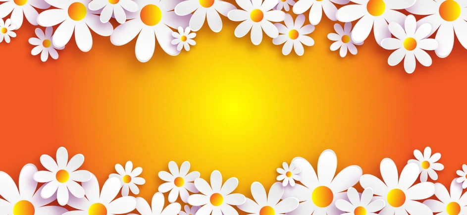 a bunch of white daisies on an orange background, vector art, digital art, 3d flat layered paper shadow box, gradient white to gold, clematis theme banner, flowers!!!!