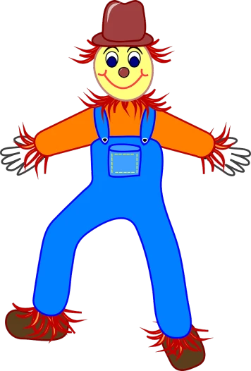 a scare with a hat and overalls, a cartoon, by Mario Bardi, pixabay, y 2 k cutecore clowncore, the scarecrow, blue long pants and red shoes, rotating