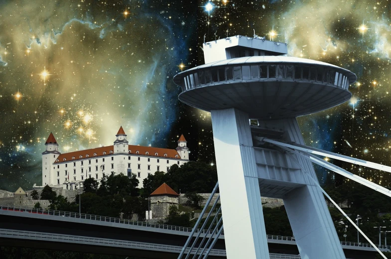 a view of a bridge with a castle in the background, by Jon Coffelt, pixabay contest winner, surrealism, space elevator, with a star - chart, munich, 3 d render of a scifi spaceport