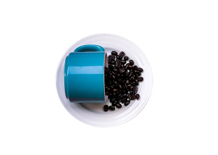 a cup filled with coffee beans on top of a white plate, inspired by Edward Weston, hyperrealism, black and cyan color scheme, blue bioluminescent plastics, colorful high contrast, high resolution product photo