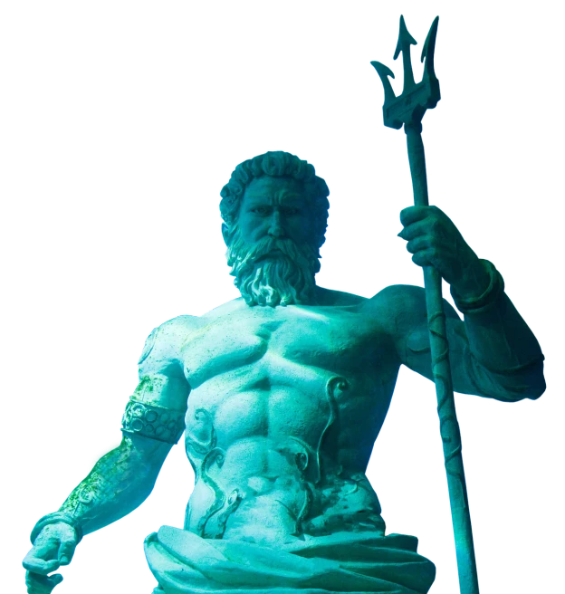 a statue of a man holding a spear, a statue, inspired by Exekias, featured on zbrush central, art deco, makes the sea area glowing water, an ancient male bearded face, cyan colors, museum quality photo