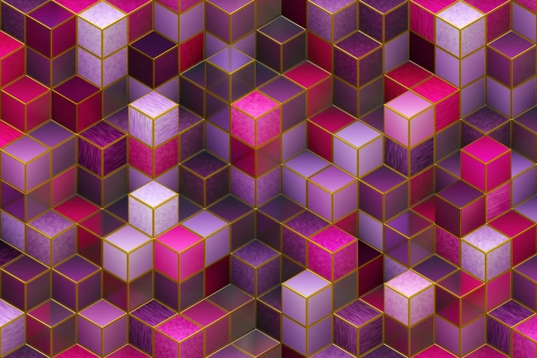a bunch of cubes sitting on top of each other, a digital rendering, inspired by Victor Vasarely, shutterstock, crystal cubism, fuchsia skin, gold and purple, seamless texture, office cubicle background