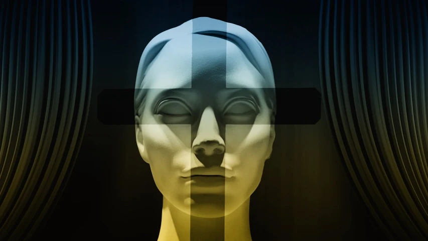 a mannequin head with a cross on it, by Dietmar Damerau, digital art, glados, medical depiction, face in-frame, cross composition