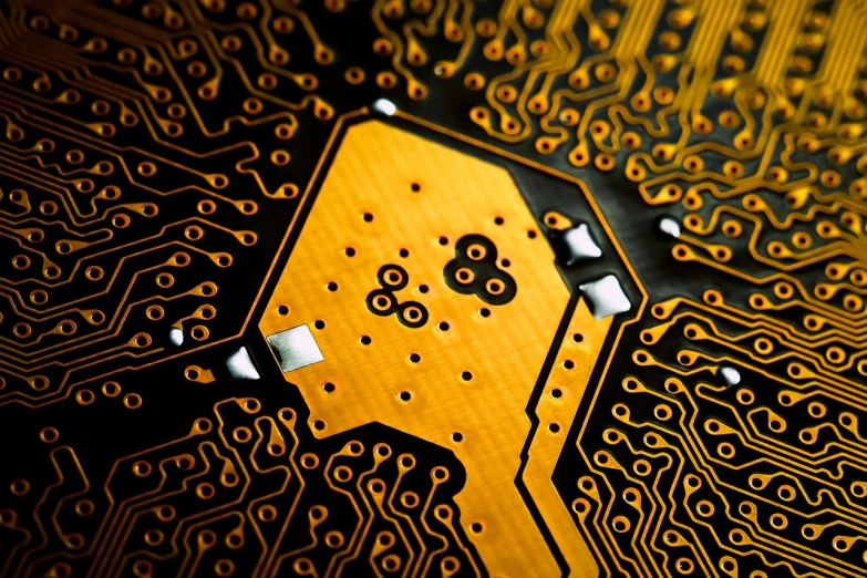 a close up of an electronic circuit board, a macro photograph, by Andrei Kolkoutine, shutterstock, inlaid with gold, laser cut, 8 intricate golden tenticles, educational
