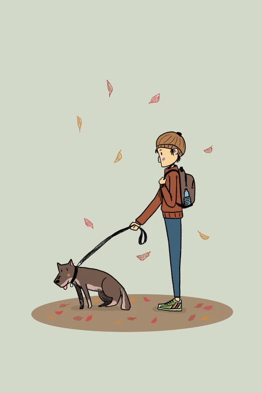 a person walking a dog on a leash, an illustration of, by Kamisaka Sekka, shutterstock, autumn season, teenage boy, hand drawn cartoon, !!! very coherent!!! vector art