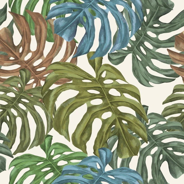 a watercolor painting of tropical leaves on a white background, by Louisa Puller, shutterstock, art nouveau, repeating fabric pattern, muted realistic colors, dark brown white green colours, monstera deliciosa