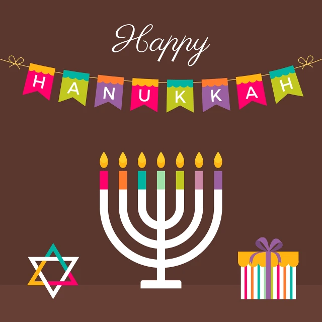 a hanukkah card with candles and presents, an illustration of, shutterstock, colorful flat design, chocolate, simple and clean illustration, information