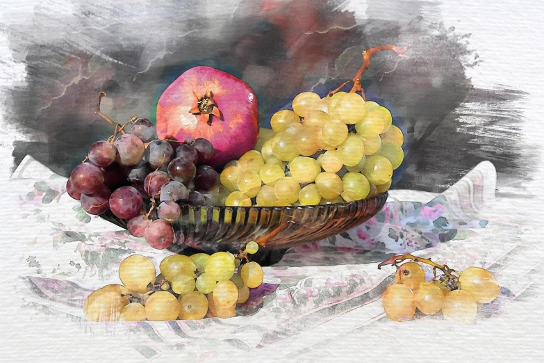 a painting of a bowl of grapes and a pomegranate, a digital painting, by Igor Grabar, trending on pixabay, watercolor effect, fruits in a basket, yellow and black grapes, glamorous composition