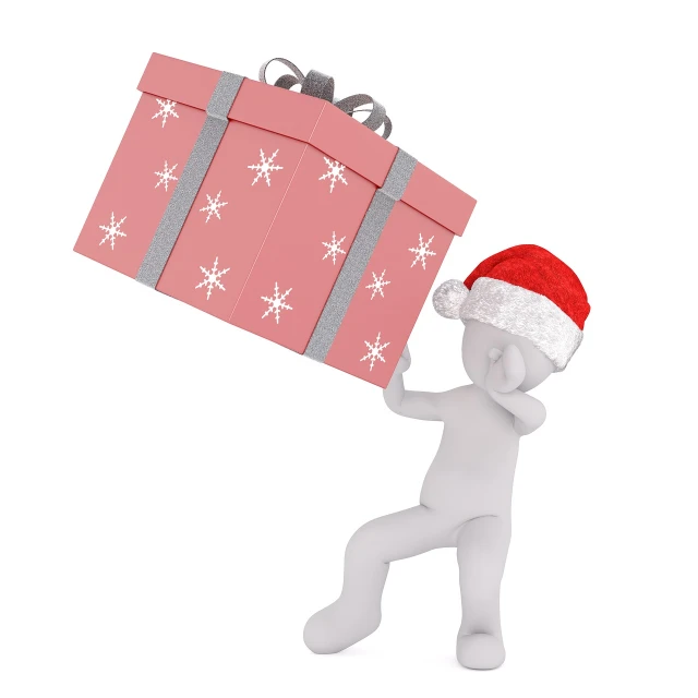 a person in a santa hat holding a christmas present, a stock photo, by Elaine Hamilton, pixabay contest winner, figuration libre, 3d illustration, set against a white background, delivering parsel box, designed in blender