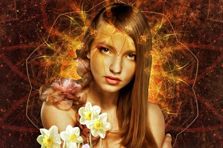 a beautiful woman with flowers in her hair, digital art, inspired by David LaChapelle, trending on pixabay, digital art, golden glow, fae teenage girl, high quality fantasy stock photo, energized face