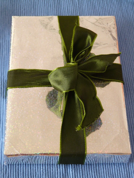 a close up of a gift wrapped in a green ribbon, a portrait, inspired by Masamitsu Ōta, flickr, dvd package, shiny silver, top - side view, olive