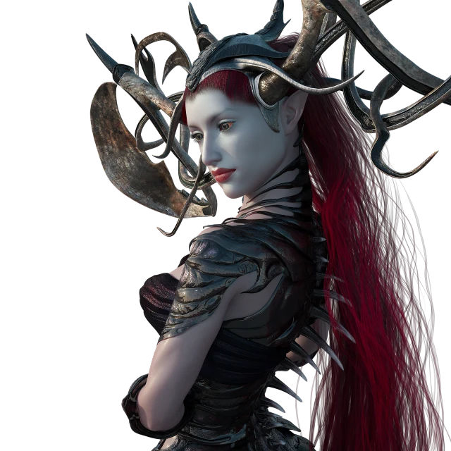 a woman with red hair and horns on her head, fantasy art, stylized as a 3d render, dark fantasy detailed, young woman with antlers, armor style of giger