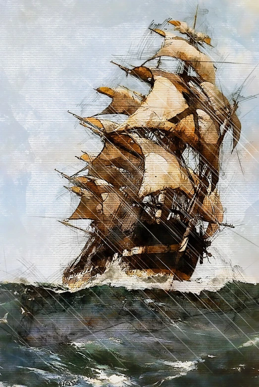 a painting of a sailing ship in the ocean, a digital painting, fine art, rough seas, ai enhanced digital art, splashing, istock