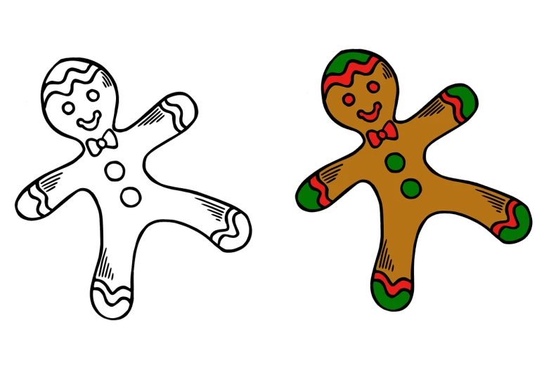 a drawing of a gingerbread man and a gingerbread man, inspired by Masamitsu Ōta, pexels, pop art, white and black, complementary colors, elf, video still