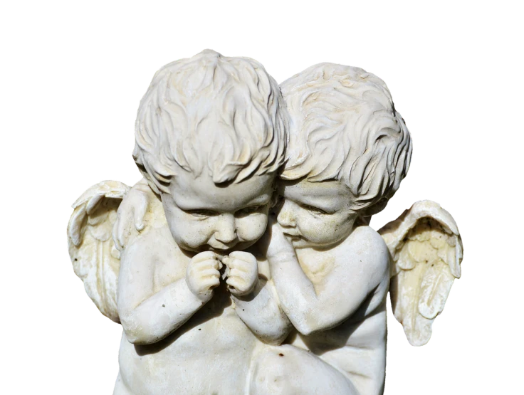 a close up of a statue of two angels, a marble sculpture, romanticism, high detail product photo, cherub, on black background, lovely kiss