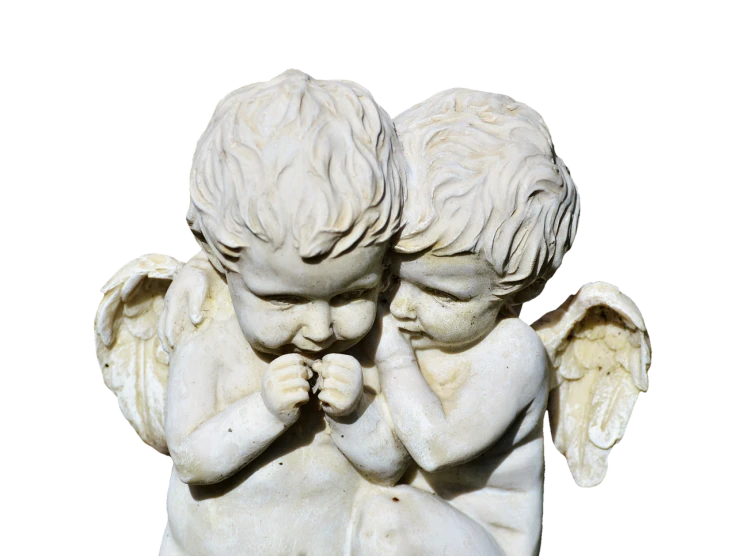 a close up of a statue of two angels, a marble sculpture, romanticism, high detail product photo, cherub, on black background, lovely kiss