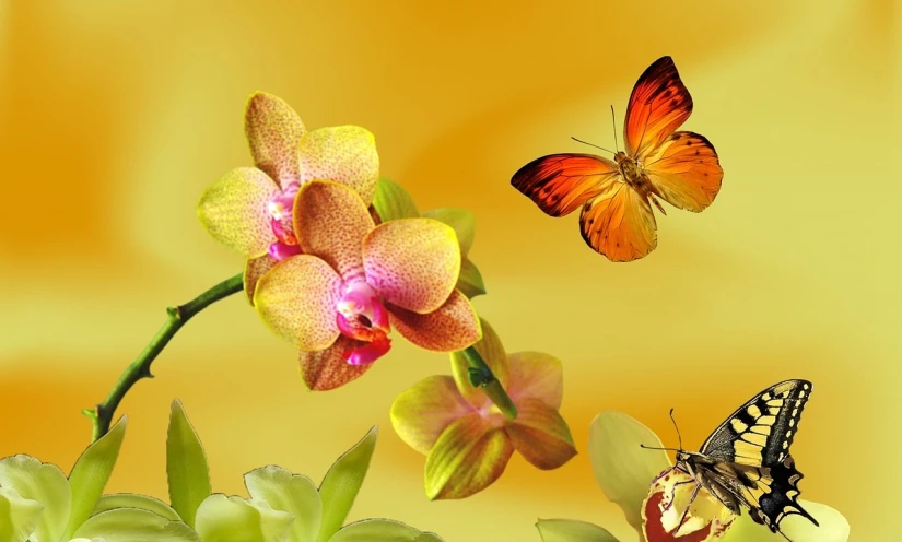 a close up of a flower and a butterfly, trending on pixabay, romanticism, many origami orchid flowers, yellow wallpaper, full of colour 8-w 1024, brown flowers