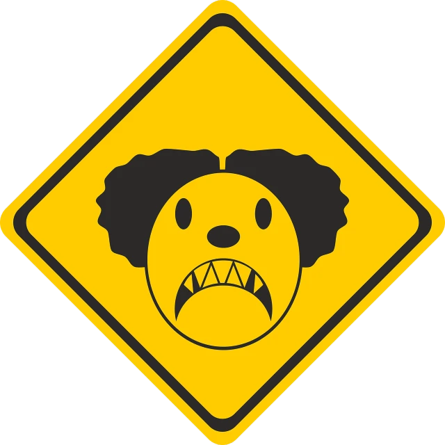 a yellow and black sign with a picture of a dog, by Harry Beckhoff, reddit, lowbrow, clown face, fear anxiety terror, highend, square