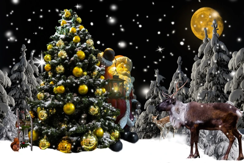 a reindeer standing in front of a christmas tree, a photo, trending on pixabay, realism, surreal black and yellow, sitting on santa, - h 1 0 2 4, north pole