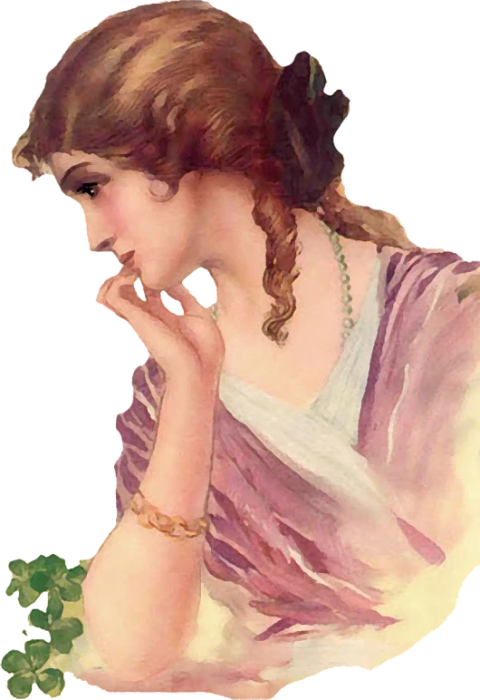 a painting of a woman with a flower in her hand, an art deco painting, by Elizabeth Shippen Green, art nouveau, gaston bussiere. blond braid, distant thoughtful look, greek myth digital painting, hand on her chin