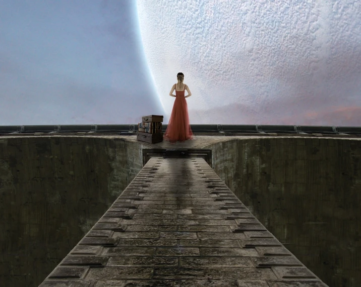 a woman in a long red dress standing on a pier, a matte painting, digital art, in a space station, catwalk, gateway to another universe, stairway to heaven