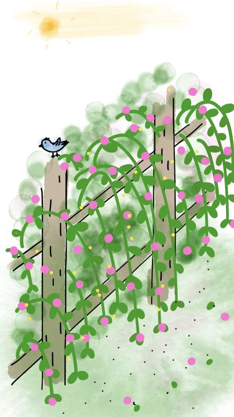 a bird sitting on top of a wooden fence, a digital rendering, inspired by Gusukuma Seihō, tumblr, naive art, wild berry vines, wikihow illustration