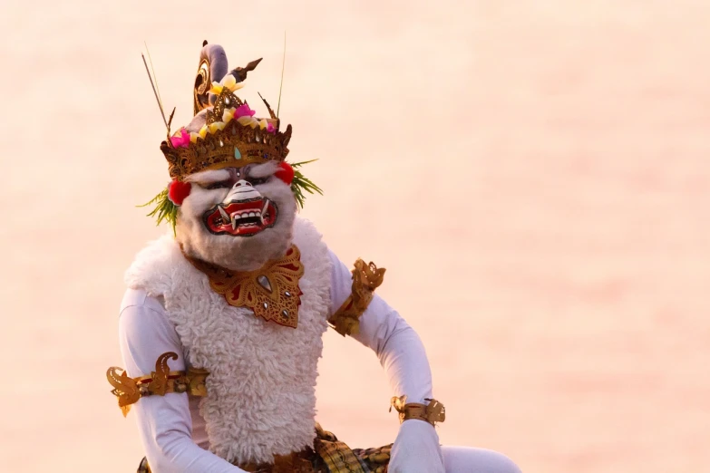 a close up of a person wearing a costume, a picture, inspired by I Ketut Soki, pexels, sumatraism, in style the demon seated, guardian of the holy lake, comedy, fox as a monkey