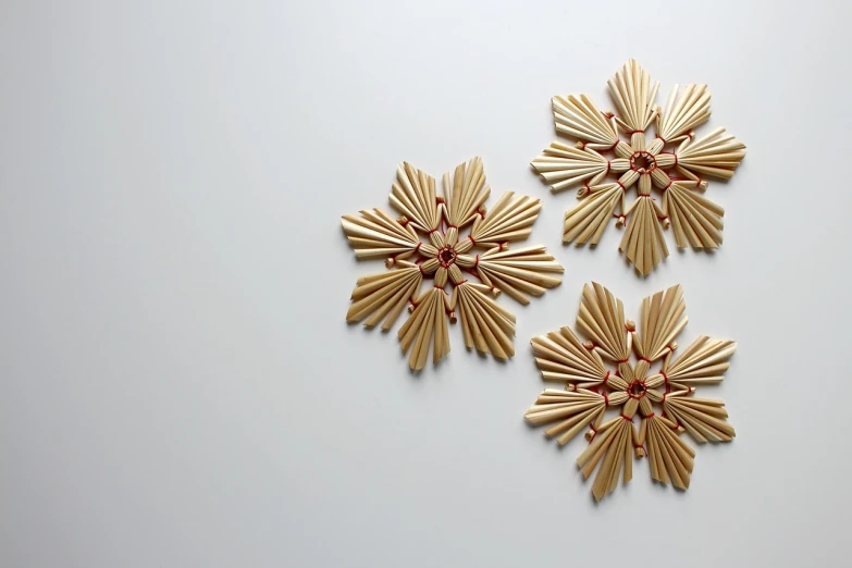 a group of wooden flowers sitting on top of a table, an art deco sculpture, inspired by karlkka, flickr, snowflakes, gold color scheme, wall, three fourths view