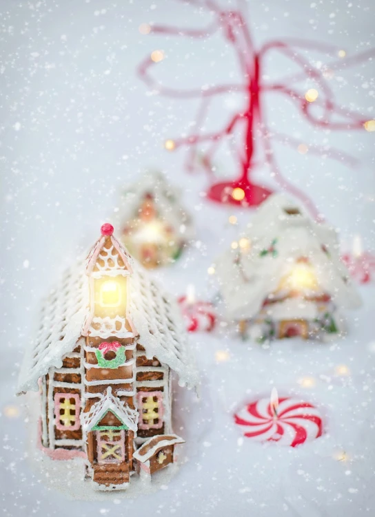 a close up of a gingerbread house in the snow, a tilt shift photo, by Zofia Stryjenska, shutterstock, fine art, beautiful kawaii lighting, background image, candy canes, iphone wallpaper