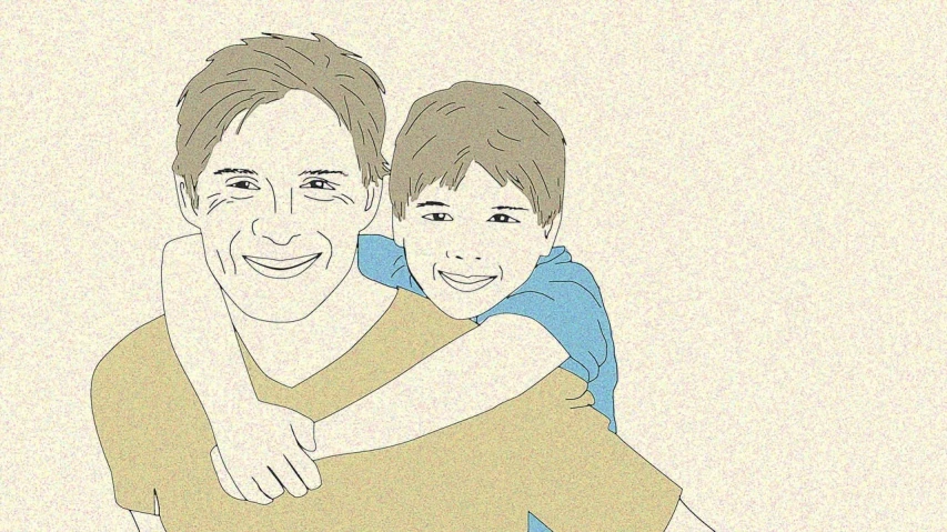 a drawing of a man holding a child, digital art, coloured line art, happy friend, grainy film still, feature