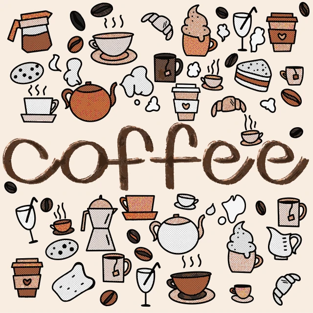 a bunch of different types of coffee on a white background, graffiti, hand painted style, diner background, family photo, icon pattern