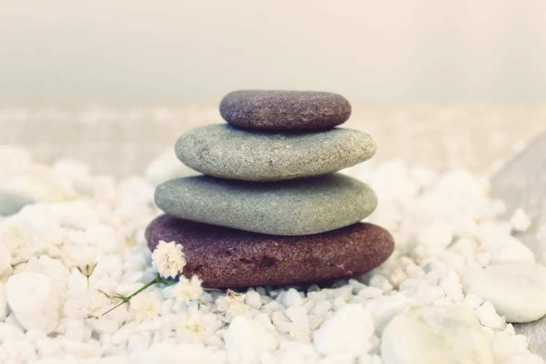 a stack of rocks sitting on top of a pile of white rocks, minimalism, petals, 1 4 5 0, platforms, calm colors