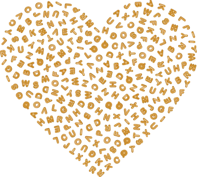 a heart made of letters on a black background, black and gold colors, abcdefghijklmnopqrstuvwxyz, funny jumbled letters, honey